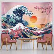 Tapisserie de Grande Vague Tapisserie Japonaise des Vagues de l'Océan Tapisserie du Coucher du Soleil Fond d'Arbre Fleurs de Cerisier Tapisserie
