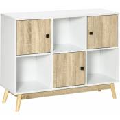 Bibliothèque meuble de rangement design scandinave 3 niches 3 portes panneaux particules blanc aspect chêne clair