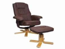 Fauteuil relax m56, fauteuil tv avec pouf ottomane, similicuir bois d'eucalyptus ~ rouge-brun