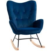 HOMCOM Fauteuil à bascule fauteuil relax fauteuil salon oreilles grand confort aspect velours pieds bois d'hévéa métal bleu