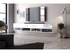 Meuble TV Suspendu - 200 cm - Blanc mat - Blanc brillant
