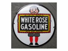"mini plaque emaillée white rose gasoline ronde 12cm