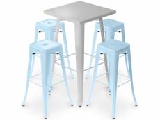 Pack tabouret table & 4 tabourets de bar design industriel - métal - nouvelle edition - bistrot stylix bleu clair
