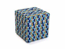 Versa klee tabouret puff carré repose-pieds pour le salon ou la chambre, dimensions (h x l x l) 35 x 35 x 35 cm, coton et bois, couleur bleu, jaune et