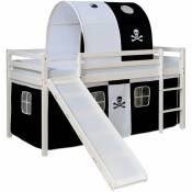 Décoshop26 - Lit mezzanine pour enfant avec sommier toboggan tunnel rideau modèle noir pirate 90x200 cm