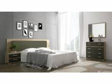 Ensemble chambre à coucher, tête de lit capitonnée + 2 tables chevets + commode + miroir mural coloris chêne cambrian/graphite