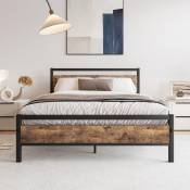 Lit simple 120x200cm - en bois et métallique - avec tête de lit, sommier à lattes, Lit enfant design industriel vintagem - Marron - Marron