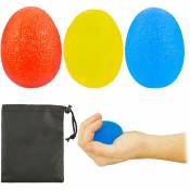Lot de 3 balles à gripper en forme d’œuf, 3 niveaux de dureté, Balles pour mains, sac, rouge/jaune/bleu - Relaxdays