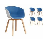 Lot de 4 chaises scandinaves très confortables avec coque en résine blanche revêtue d'un tissu moelleux bleu et des pieds bois - Blanc