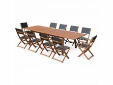 Salon de jardin en bois extensible - almeria table 200/250/300cm avec 2 rallonges. 2 fauteuils et 8 chaises. En bois d'eucalyptus huilé et textilène g