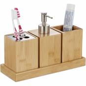 accessoires de salle de bain, lot de 4, bambou, distributeur de savon à pompe, gobelet à brosse à dents, bol, nature - Relaxdays