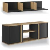 Calicosy - Ensemble meuble tv 2 portes et étagère murale Raphael - Noir