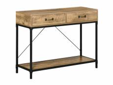 Console table d'appoint design industriel dim. 100l x 35l x 76h cm 2 tiroirs poignées laiton vieilli étagère métal noir aspect bois veinage