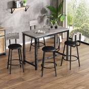 Ensemble table et chaises de bar, 1 table huat et 4 tabourets, pieds en métal, table de salle à manger rectangulaire, gris + noir