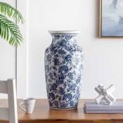 Grand vase céramique floral blanc et bleu 30x30x61cm