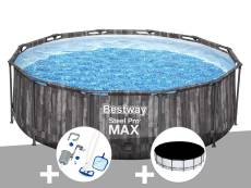 Kit piscine tubulaire ronde Bestway Steel Pro Max décor bois 3,66 x 1,00 m + Kit d'entretien Deluxe + Bâche de protection