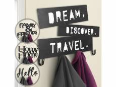 Miadomodo® portemanteau mural - avec 4 crochets, 48 x 27 x 2.2 cm, en fer forgé, design "dream, discover, travel", noir-blanc - patère pour entrée, co