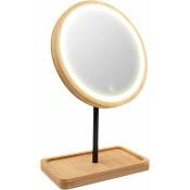 Miroir de maquillage éclairé à LED avec 3 lumières de couleur, batterie rechargeable USB sans fil, rotation à 360°, plateau de rangement en bois de
