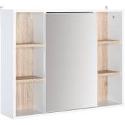 Miroir de salle de bain avec placard et étagères - 4 étagères latérales + 2 étagères intérieures - MDF panneaux particules blanc chêne clair - Blanc