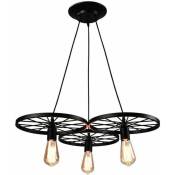Suspension design industriel rétro - Style loft - 3 ampoules E27 pour salle à manger - Lampe suspendue vintage - Pour salon, roue