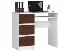 Akord bureau informatique gauche a6 blanc 90 cm bureau d'ordinateur 3 tiroirs couleur wengé mat, 1 étagère - 90x50x77 cm