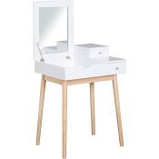 Coiffeuse design scandinave table de maquillage multi-rangements miroir pliable 60L x 50l x 86H cm pin et mdf blanc - Blanc