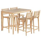 Ensemble table et 4 chaises hautes en bois d'acacia FSC blanchi