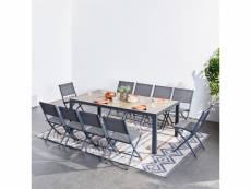 Lagos - ensemble table aluminium effet bois et 10 chaises