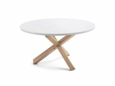 Table à manger ronde coloris blanc / naturel en bois laqué et pieds en chêne massif - diamètre 135 x hauteur 77 cm