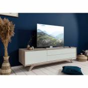 Massivmoebel24.de - Meuble TV en acacia laqué brun-verre et MDF blanc 180x45x50 TROMSO # 105 - nature