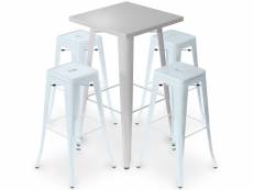 Pack tabouret table & 4 tabourets de bar design industriel - métal - nouvelle edition - bistrot stylix bleu gris