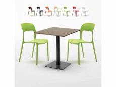 Table 60x60 pied noir et plateau bois + 2 chaises colorées