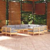 12 pcs Salon de jardin Salon d'extérieur avec coussins gris bois de pin solide vidaXL