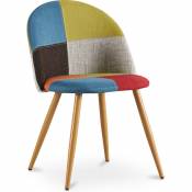Chaise de salle à manger tapissée scandi retro design patchwork pieds en bois - Evelyne Simona Multicolore - Métal finition effet bois, Bois, Lin