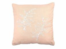 Housse de coussin 100% coton 40 x 40 cm déhoussable brodée motif floral végétal blanc rose