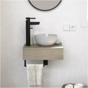 Meuble lave-mains soho plan épais vasque blanche + robinet - Décor chêne