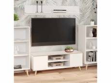 Meuble tv avec 2 portes et 1 étagère centrale, buffet avec pieds, buffet de salon style scandinave, cm 155x40h49, couleur blanc et plateau couleur chê