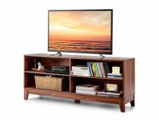 Meuble tv/banc tv 147 x 40 x 61 cm, support télévision avec 4 étagères de rangement ouvertes, tapis antidérapant marron