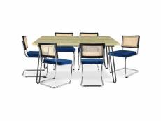 Pack table à manger design industriel 150cm & 6 chaises de salle à manger en rotin - tapisserie en velours - hyre bleu foncé