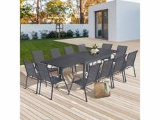 Salon de jardin poly extensible table 135-270 cm et 12 chaises gris foncé