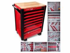 Servante d'atelier widmann tcbwf-re - 7-7 rouge, 240 outils inclus avec clé dynamo - 7 tiroirs, plateau bois, sur roulettes