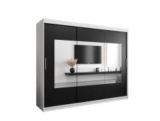 Armoire de chambre trina blanc/noir 250 avec 3 portes coulissantes et miroir penderie (tringle) avec étagères sans tiroirs