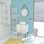 Aurlane - meuble salle de bain scandinave blanc 60 cm sur pieds avec tiroir, vasque a poser et miroir rond - blanc