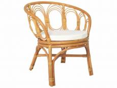Chaise à diner rotin marron clair naturel avec coussin en lin blanc design classique cds020111