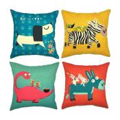 Enfants série mignon dessin animé Animal coton lin décoratif jeter taie d'oreiller housse de coussin taie d'oreiller pour canapé, ensemble de 4