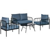 Outsunny Ensemble salon de jardin 4 pièces canapé 2 places 2 fauteuils table basse 4 coussins rembourrage épais métal bleu foncé et noir
