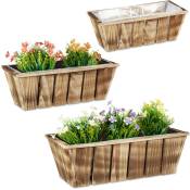 Relaxdays - Jardinières en lot, bacs à fleurs en 3 tailles, bois flambé, avec film plastique, intérieur et extérieur, brun