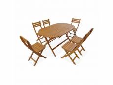 Table de jardin pliable 150cm en bois d'acacia déjà huilé. Forme ovale avec 6 chaises pliables