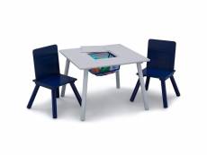 Table grise avec rangement et deux chaises navy signature