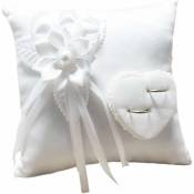 Ensoleille - 1 pc anneau de mariage oreiller romantique élégant blanc carré fleur décor en forme de coeur porte-anneau oreiller fournitures de mariage